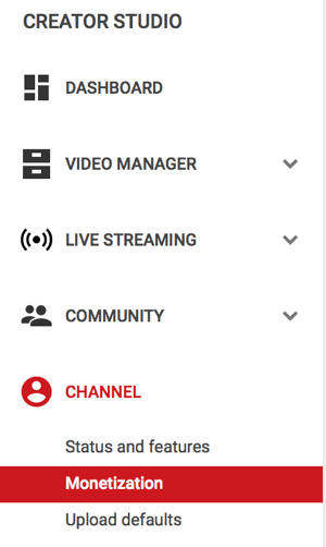 monetiseerimismenüü valik YouTube'i kanali all