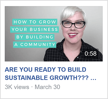 Facebooki grupis õpetamiseks jagab Caitlin Bacher selle video sarnast videot tekstiga Kuidas kasvada Teie ettevõte, luues kogukonna ja Caitlini pilt õlgadelt ülespoole ja näoga kaamera.