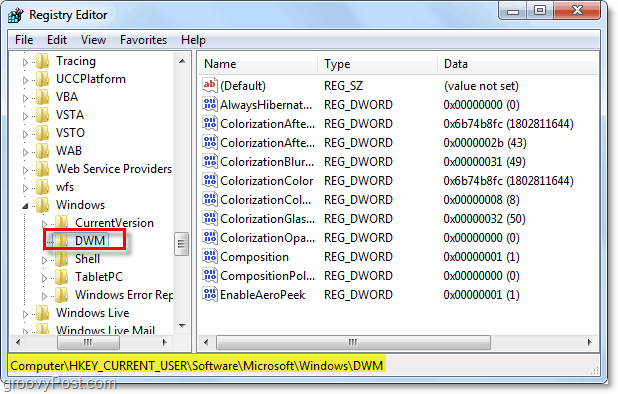 avage Windows 7 dwm-i registrivõtmed