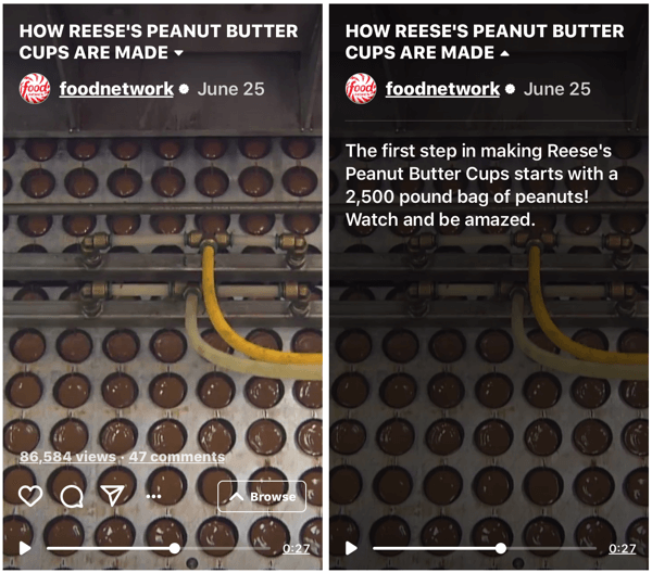 Toiduvõrgustiku IGTV saate näide, mis näitab, kuidas Reese'i maapähklivõi tassid valmistatakse.
