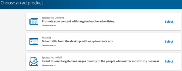 Valige loodava LinkedIni reklaami tüüp.