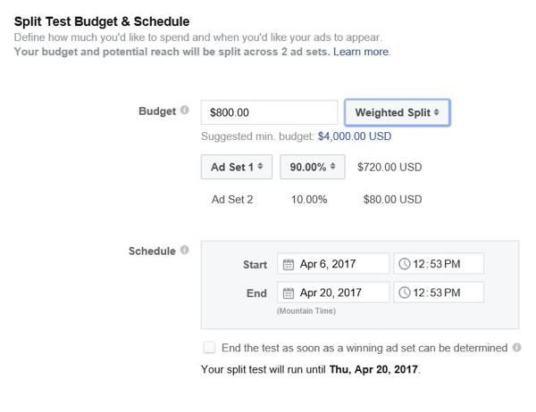 Facebook võimaldab teil kontrollida, kui palju eelarvet igale reklaamikomplektile eraldada.