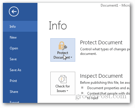 Paroolikaitse ja Office 2013 dokumentide krüptimine: klõpsake valikul Kaitse dokumenti