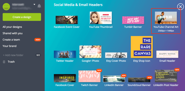 Canva pakub erinevaid sotsiaalmeedia malle, sealhulgas ühte YouTube'i kanalikunsti jaoks.