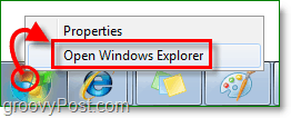 Windows 7 explorerisse sisenemiseks paremklõpsake käivitusorbil ja klõpsake nuppu Windows Explorer