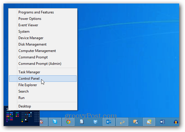 Juhtpaneel Windows 8 Power Menu
