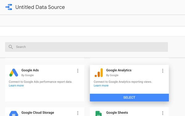 Kasutage oma Facebooki reklaamide analüüsimiseks teenust Google Data Studio, 2. samm, võimalus kasutada Google Analyticsi oma andmeallikana