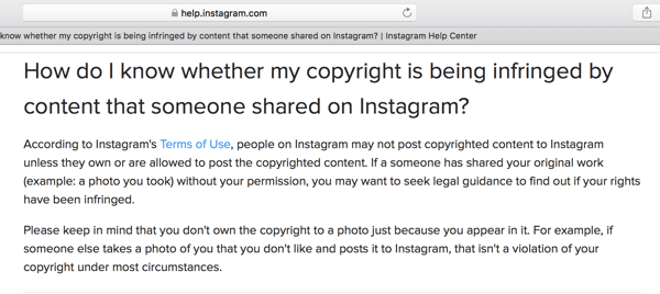 Instagrami abikeskus esitab mõned autoriõiguste juhised.