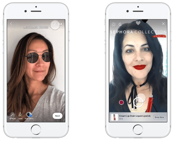 Michael Kors oli esimene bränd, kes uudisvoos AR-reklaame testis, võimaldades inimestel proovida päikeseprille ja oma kogemuse põhjal ostu sooritada.