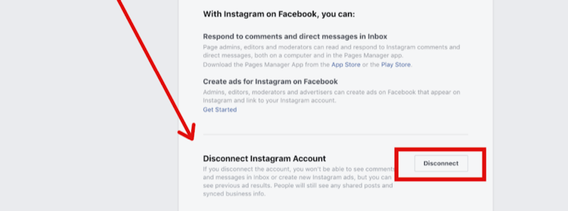 2. samm Instagrami konto lahtiühendamiseks Facebooki lehe seadetes