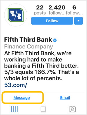 Instagrami profiil panga jaoks, millel on sõnum tegevusele kutsumiseks.