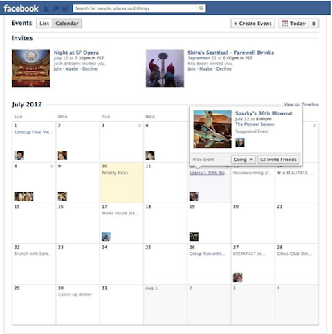 facebooki sündmuste kalendri vaade