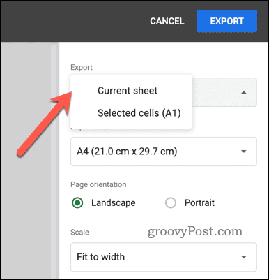 Ekspordivaliku valimine PDF-i eksportimiseks Google'i arvutustabelites