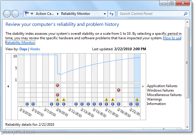 Kuidas kasutada usaldusväärsuse ajaloo tööriista Windows 7 probleemide diagnoosimiseks