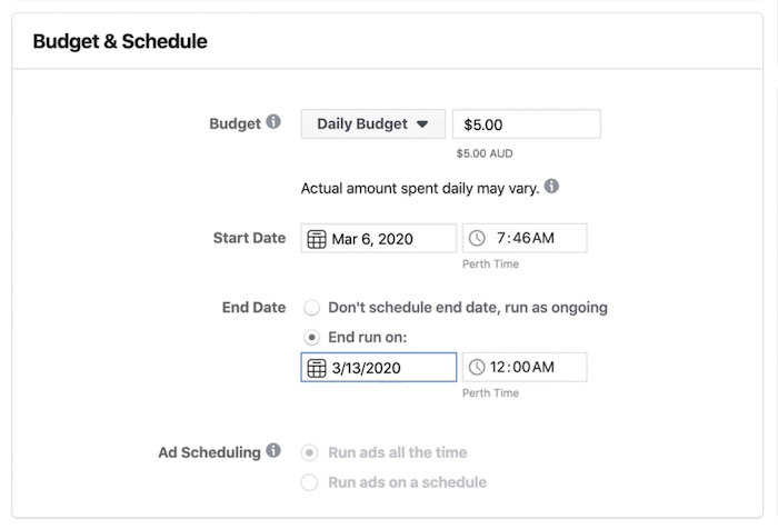 Eelarve ja ajakava jaotis reklaamikomplekti tasemel Facebooki reklaamihalduris