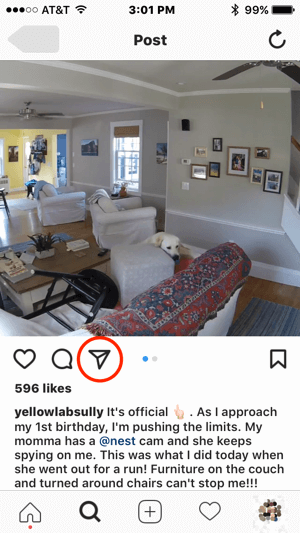 Kui Nest soovis selle sisu kasutamiseks loa saamiseks ühendust võtta selle Instagrami kasutajaga, võiks ta algatada suhtluse, puudutades otsesõnumi ikooni.