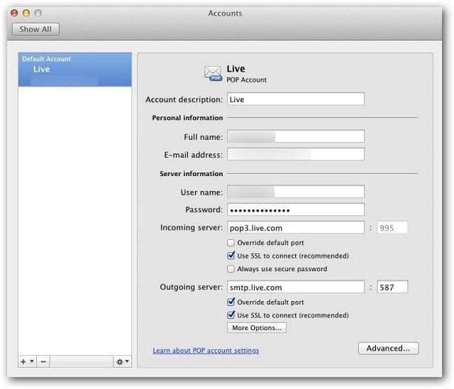 Microsoft Outlook Mac 2011: Windows Live Maili seadistamine POP3 abil