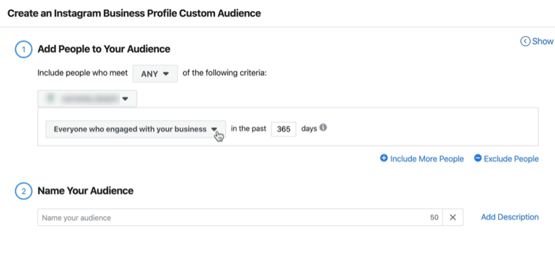 kuvatõmmise akna Instagrami ettevõtte profiili kohandatud vaatajaskond loomine vaikeseadetega Kõik, kes on teie ettevõttega viimase 365 päeva jooksul tegelenud