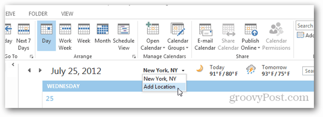 Outlook 2013 kalendri ilmateade – klõpsake nuppu Lisa asukoht