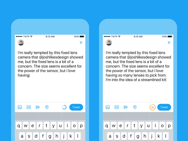 Twitter asendas vana märgilugeja uue ringiikooniga, mis muudab teksti sisestades värve.