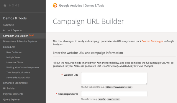 Parameetrite lisamiseks URL-idele saate oma kampaaniate jälgimiseks kasutada Google URL Builderit.