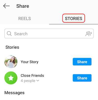 Instagrami postituste ekraani ekraanipilt, mis näitab vahekaarti lood, mis võimaldab rullide jagamist teie loos või lähedaste sõprade loendis