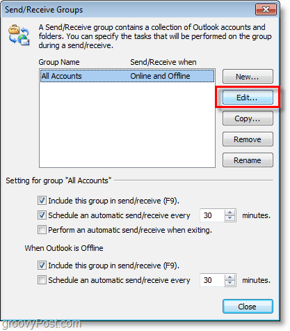 Outlook 2010 ekraanipilt - kontode muutmine