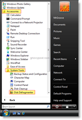 Käivitage kettadefragmentor Windows Vista menüü Start menüüst