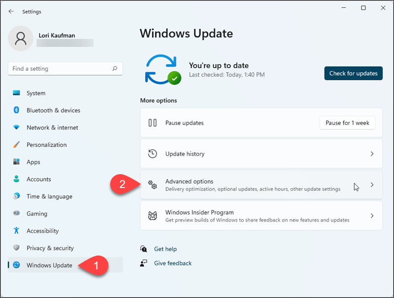 Avage Windows 11 seadetes jaotis Windows Update> Advanced options