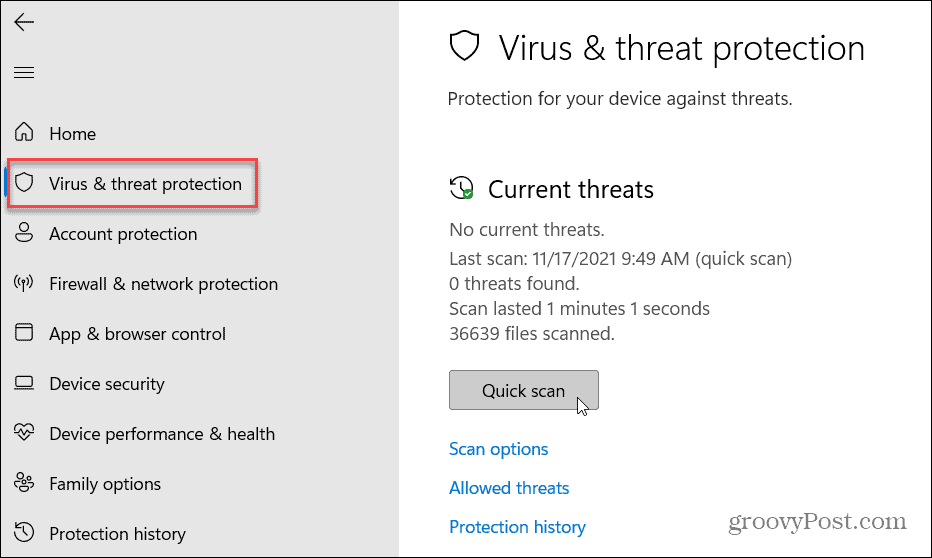 Viiruste ja ohtude kaitse Windows 11