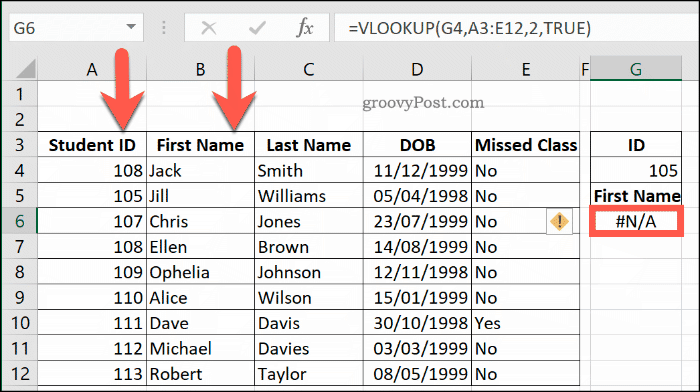 Veel üks näide VLOOKUP-i NA-veast Excelis, kuna andmevahemikku pole õigesti sortitud
