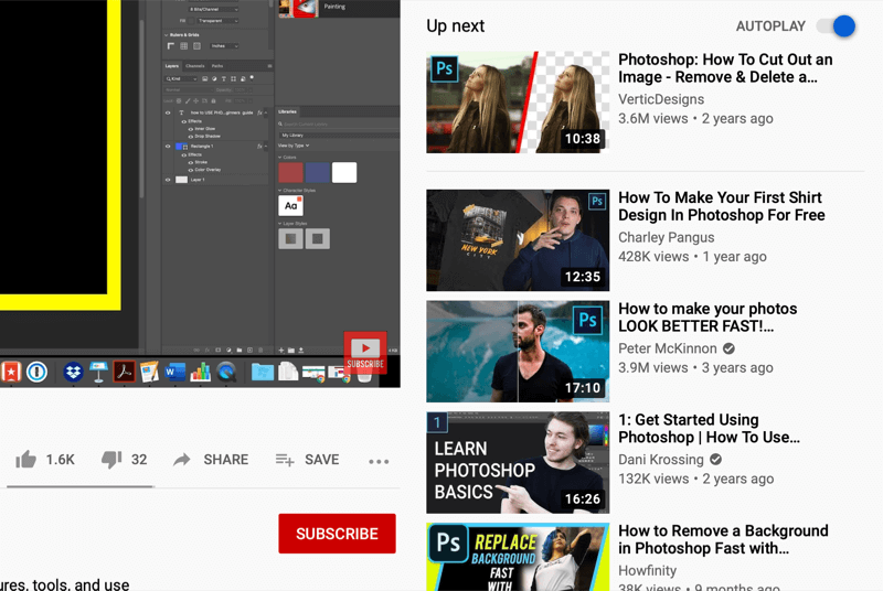 youtube'i videote vaatamise ekraan, mis näitab ekraani paremas servas automaatse esitamise videoid, mida soovitab vaadatava põhjal youtube