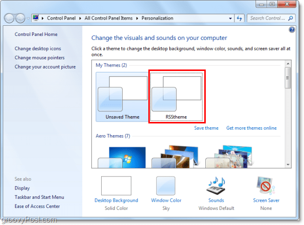 vali uus rss-teema Windows 7-s