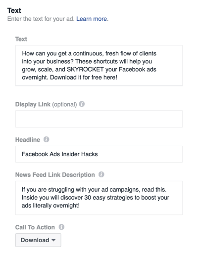 Facebooki reklaami seadistamiseks sisestage üksikasjad.