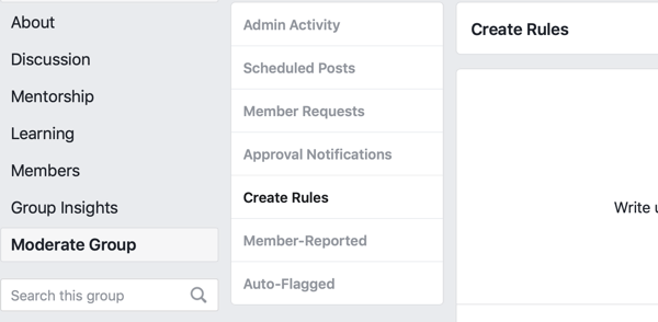 Kuidas oma Facebooki grupi kogukonda paremaks muuta, Facebooki menüüvalik grupi modereerimise reeglite loomiseks