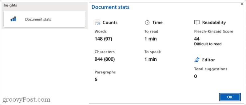 Microsofti redigeerija dokumendi statistika