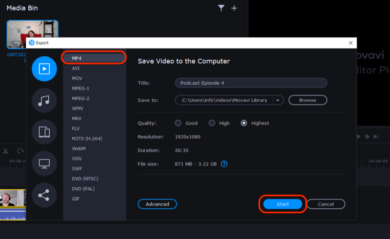 eksportige videofail Movavi Video Editor Plus'is