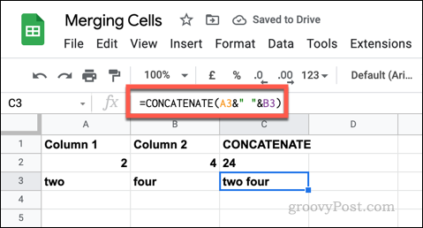 Näide CONCATENATE valemist Google'i arvutustabelites, kasutades tühje tekstistringe