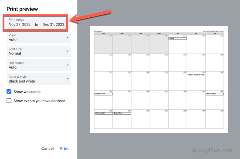 Google'i kalendri trükivahemik