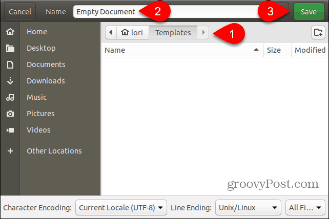 Salvestage tühi dokument mallifail Ubuntu kausta Mallid