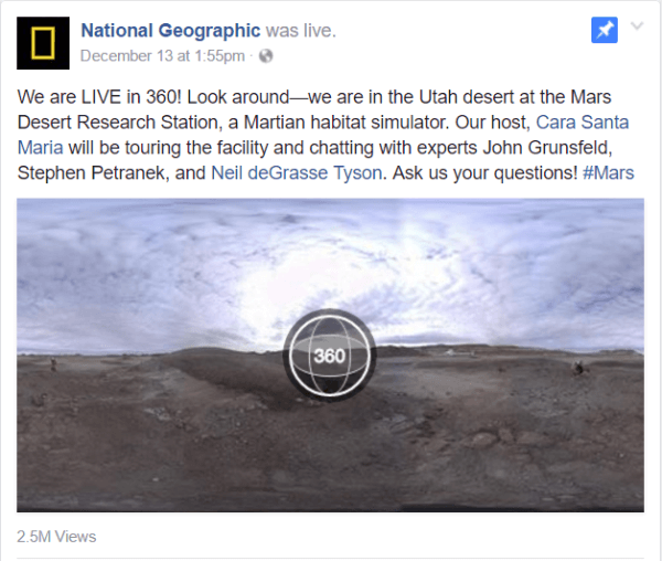 Facebook käivitas sel nädalal Live 360 ​​video koos Utahis asuva Marsi kõrbe uurimisjaama rajatise National Geographic raportiga.