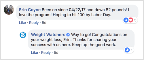 näide Facebooki lehe vastusest kasutaja kommentaarile