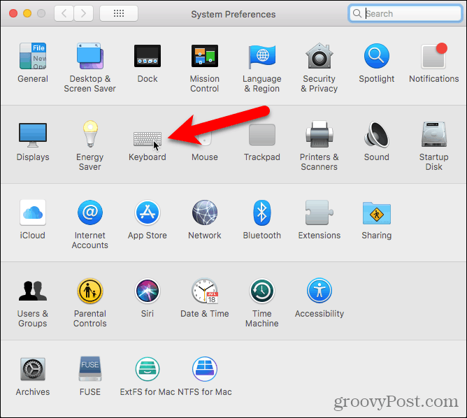 Klõpsake Maci süsteemieelistuste nupul Klaviatuur