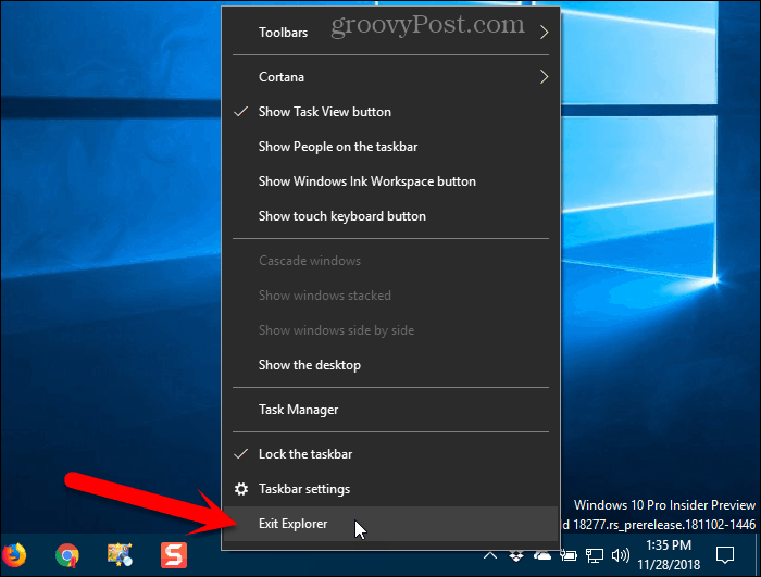 Valige Windows 10 tegumiriba kontekstimenüüst Exit Explorer