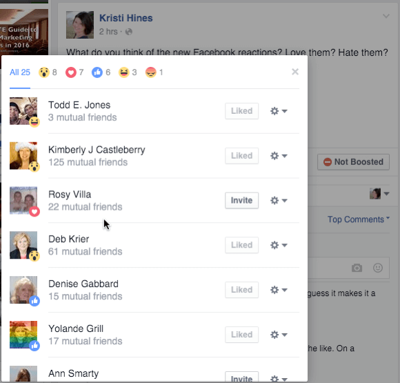 facebooki reaktsioonide üksikasjad postitusest