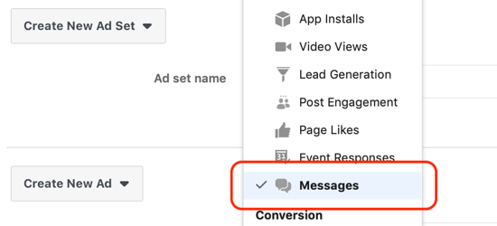 Kuidas saada müügivihjeid Facebook Messengeri reklaamidega, reklaamikomplekti tasemel sihtkohaks seatud sõnumitega