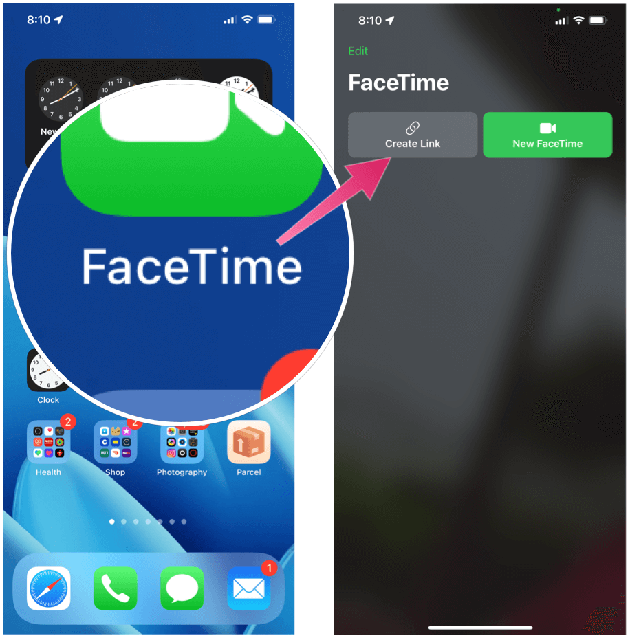 FaceTime'i vestluse saatmine FaceTime'i kutse loomine Lingi loomine