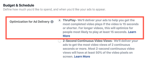Videoreklaamide Facebook ThruPlay optimeerimine, 2. samm.