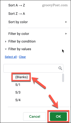Tühjade filtreerimine Google'i arvutustabelites