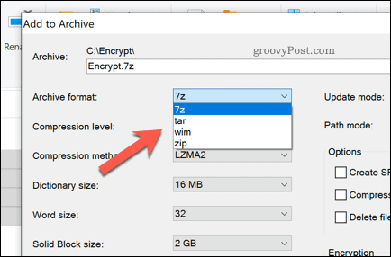 7-zip arhiivifaili tüübi valimine